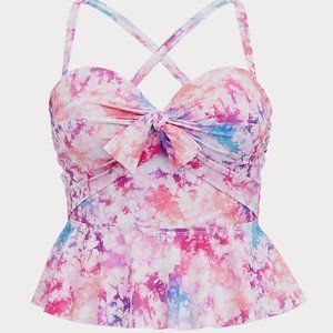 TORRID - MULTICOLOR TIE-DYE TIE FRONT UNDERWIRE PEPLUM MIDKINI TOP